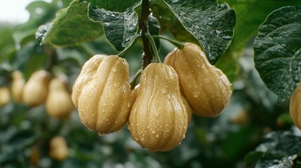 Obraz premium Fresh, pale yellow fruits hanging from a tree. Water droplets cling to the surface