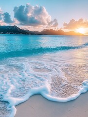 Beautiful coastal landscape depicts a sunset over ocean and mountains