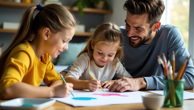 A family engaging in a creative activity together, such as painting, drawing, or crafting, highlighting the importance of shared hobbies.