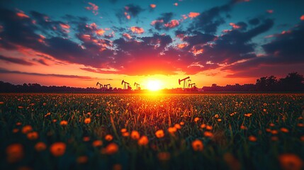 Sunset over oil field in wildflowers