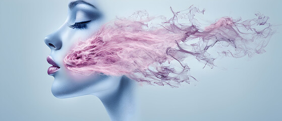 A serene image of a woman exhaling vapor. It could be used for beauty product advertising promoting inner peace or artistic visualizations.