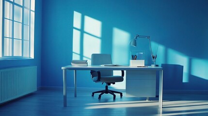 Minimalist Blue Office Room with Natural Light and Workspace Setup