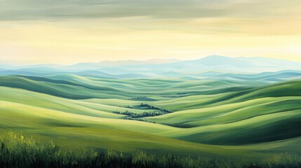 Fototapeta premium Serene Green Valley Landscape with Rolling Hills