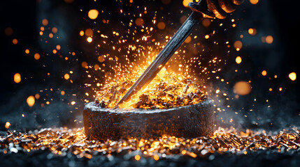 A blacksmith forges a sword with fiery sparks flying. An image for fantasy art or historical fiction. It depicts strength creation and transformation. 