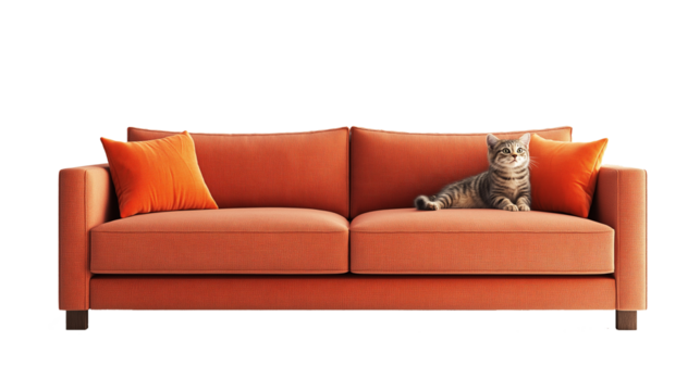 北欧風ソファに座るかわいい猫の癒しインテリア写真 リビングルームの家具とペットの調和した空間 家具カタログや広告用素材に最適な高品質画像