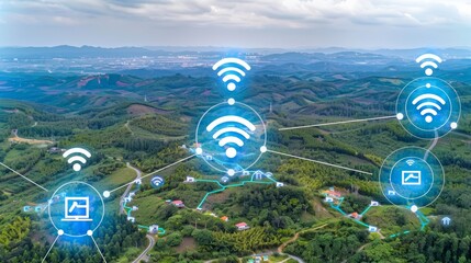 Aerial view of a network linking houses. WiFi signals connect villages, fostering global digital access