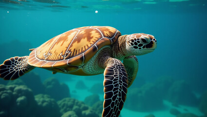 Obraz premium A close-up of a sea turtle gracefully swimming in the ocean, highlighting the elegance and vulnerability of marine creatures.