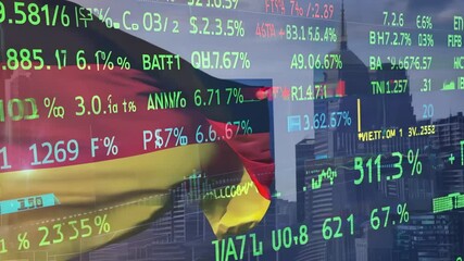 A close-up of a digital stock market board with numbers and graphs, overlaid with the flag of Germany, representing the country's economic performance, financial trading, and stock exchange trends. - Powered by Adobe