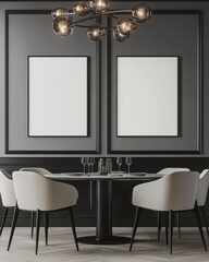 Elegant dining room interior with two blank frames, chandelier, and round table.