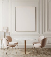 Elegant dining room with marble table, pink chairs, and blank canvas.