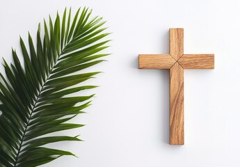 Wooden Cross with Palm Leaf on White Background