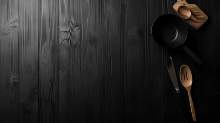 Fototapeta premium Dark Wooden Background with Black Cooking Utensils