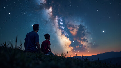 Fototapeta premium An image of a father and child looking at the stars together, representing a sense of wonder and shared exploration.