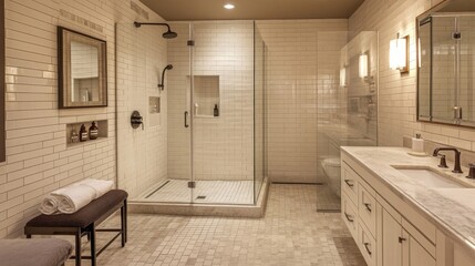 Modern White Bathroom with Glass Shower and Double Vanity