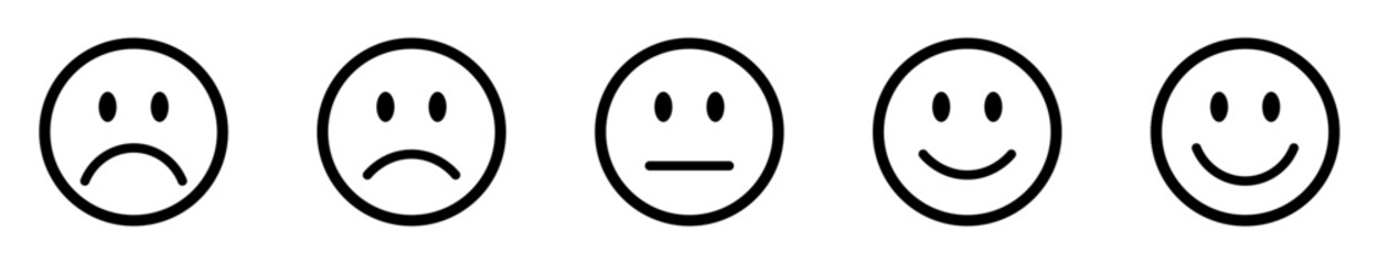 Rating emoji set. Feedback emoticons collection. Feedback and rating emoji set. Very happy, happy, neutral, sad and very sad emojis icon set with white background. Emoji, feedback, rating emoji, icons