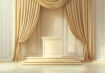 Elegant empty stage with beige curtains and pedestal.
