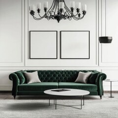 Elegant emerald velvet sofa in a classic white room with chandelier and artwork.