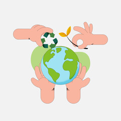 Human hand holding Earth Globe, recycling symbol and plant. The concept of sustainable development for business, ecology and environment protection. Flat vector illustration.