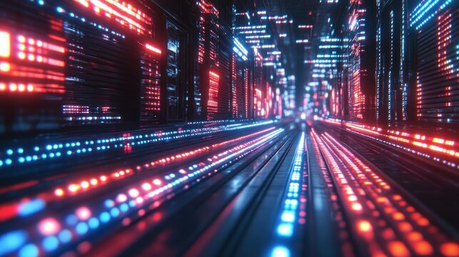 Futuristic cityscape tunnel with glowing data streams.  Dynamic digital city street with vibrant neon lights and coded information displayed on the buildings