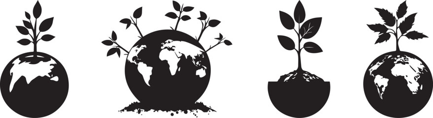 Silhouette of Earth with a tree growing out of it. Silhouette of Earth with sprouting plants from each continent, symbolizing global greening vector silhouette