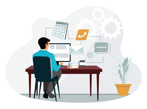 Professional virtual assistant sitting at desk and working with computer.