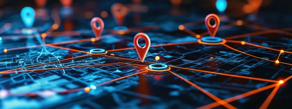A transportation-focused design with pins marking major infrastructure nodes