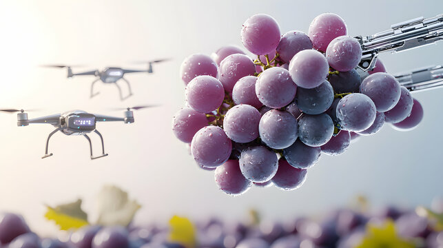 Drones harvesting grapes. Robotic arms and drones optimize agriculture. This image shows automated farming and technological integration in viticulture and farming.