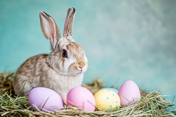 Cute rabbit surrounded by colorful easter eggs
