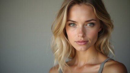 Naklejka premium A close-up portrait of a woman with soft blonde hair and clear blue eyes, standing against a light gray background. She has a natural and fresh expression. Generative, AI,