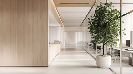 Modern Office Interior with White Walls and Potted Plant