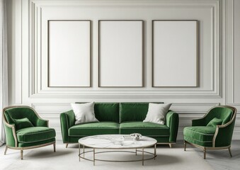 Elegant green velvet sofa set with three empty frames in a classic interior.