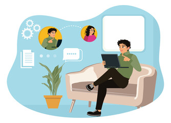 Young businessman work from home and connect online with colleagues.