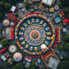 Obraz premium Aerial view of a vibrant carnival filled with colorful rides and attractions.
