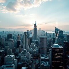 Obraz premium Stunning city skyline at sunset featuring iconic skyscrapers and a vibrant atmosphere.