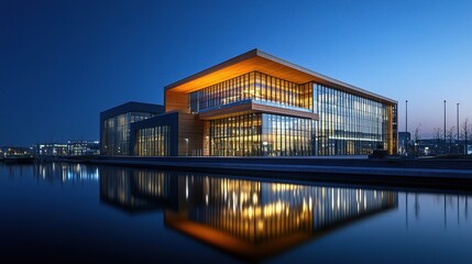Modern Business Center by the Water at Nighttime
