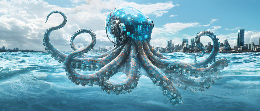 Cybernetic octopus rising from ocean waves. Its city backdrop and technological design suggest a science fiction book cover or futuristic poster for a marine themed project. - Powered by Adobe