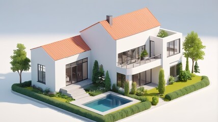 A small modern minimalist house isometric perspective,&nbsp;3D model miniature