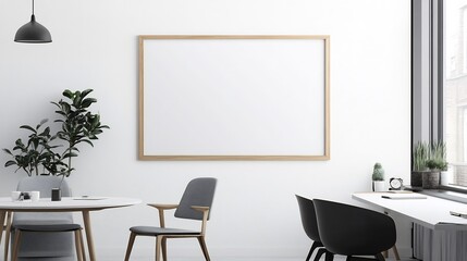 Minimalist office space with a blank wooden frame hanging on the white wall offering space for business designs