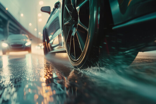 Car Wheels Moving Rapidly on Paved Road Evoking Concept of Speed Racing Freedom and the Risk of Reckless Driving