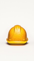 Fototapeta premium A bright yellow hard hat on a plain background, symbolizing safety in construction and industrial environments.