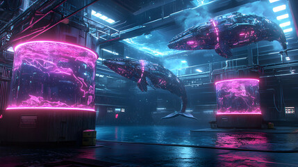 A futuristic lab houses cybernetic whales. Lit tanks and neon hues dominate. Use for sci-fi art gaming or concept design projects. Impressive detail and atmosphere.