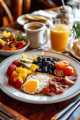 フルーツと目玉焼きの朝食