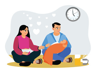 A young couple with their baby spends the morning enjoying breakfast.