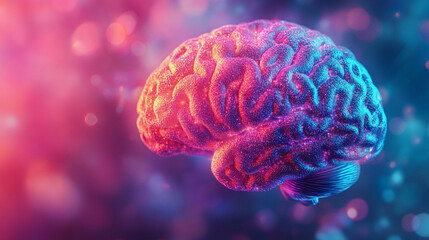 Obraz premium A 3D brain radiating glowing colors, symbolizing cognitive energy and creativity. The vibrant hues represent enlightenment and the power of intellect in a modern, dynamic form.