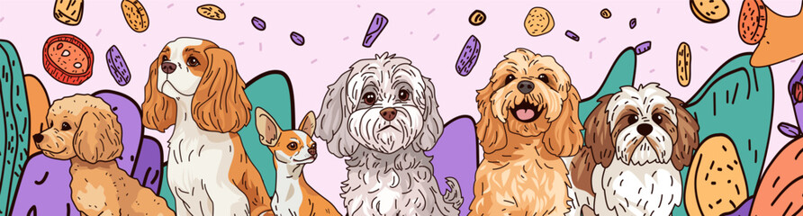 Dogs with playful expressions surrounded by colorful treats vibrant background featuring various dog breeds and floating snacks pastel colors pet-themed banner