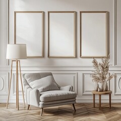 Elegant living room with armchair, lamp, and three blank frames.