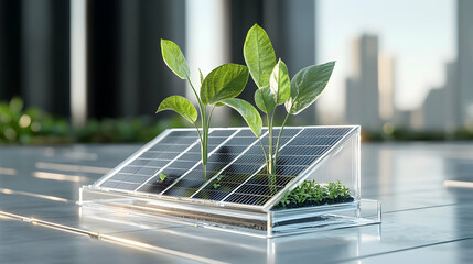 A miniature solar panel with plants symbolizes renewable energy and environmental harmony in an urban setting. It suggests sustainable practices and green living.