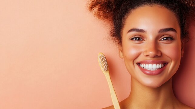 A young woman with curly hair smiles brightly while holding a bamboo toothbrush, promoting oral hygiene and eco-friendly choices