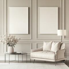 Elegant living room with armchair, two blank frames, and flowers.