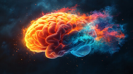 
A 3D brain radiating glowing colors, symbolizing cognitive energy and creativity. The vibrant hues represent enlightenment and the power of intellect in a modern, dynamic form.

